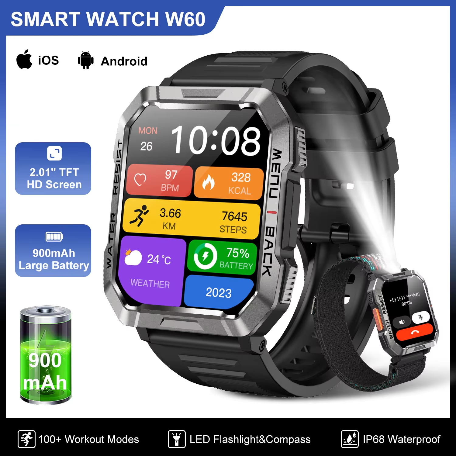 Smartwatch Square Watches For Men - Blackview W60 Waterproof Smart Watch 2.01