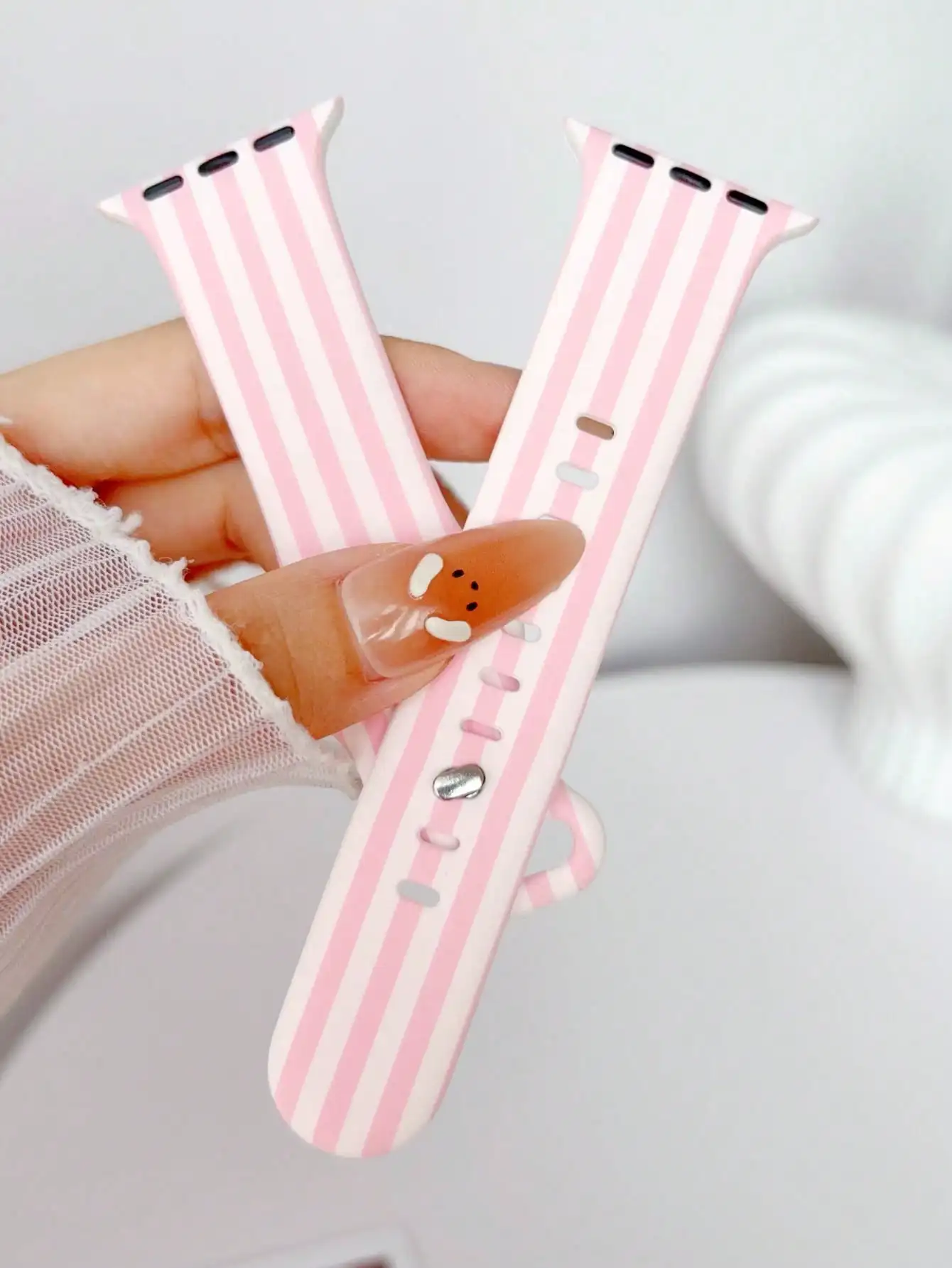 1pc White & Pink Striped Patte - Silicone Sport Band 리뷰 및 가격