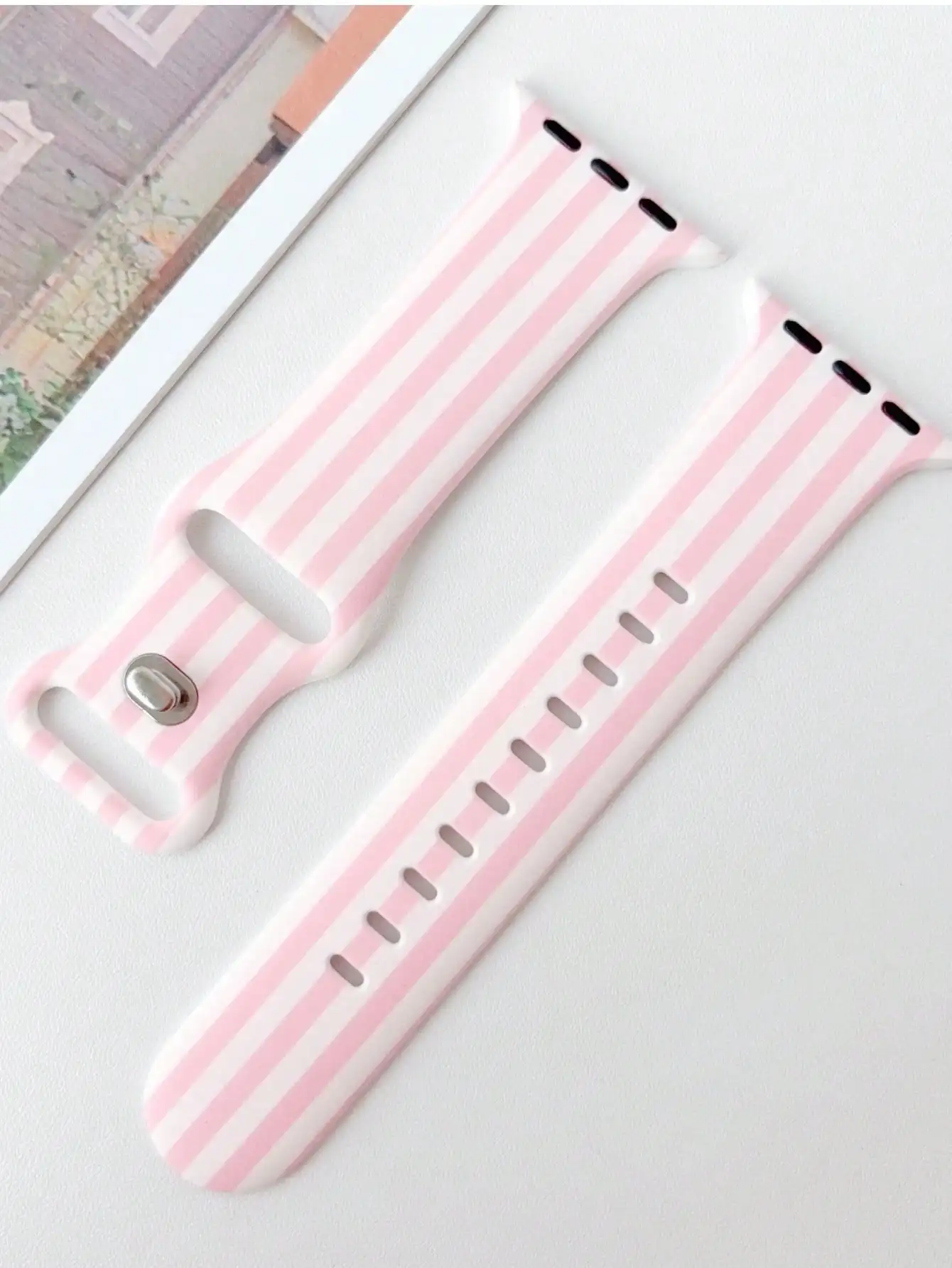 1pc White & Pink Striped Patte - Silicone Sport Band 리뷰 및 가격